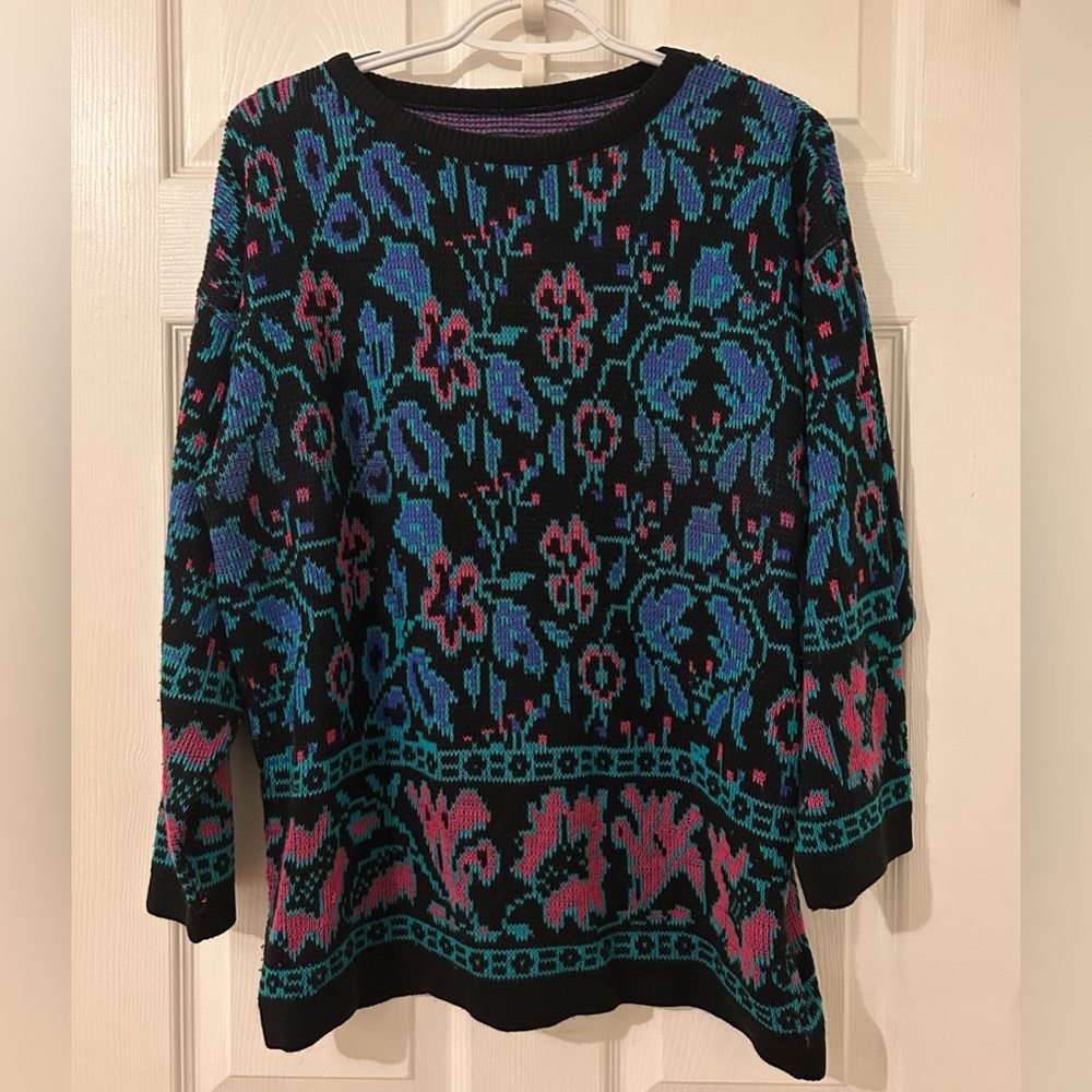 Vintage Knit Sweater with Flower Print
